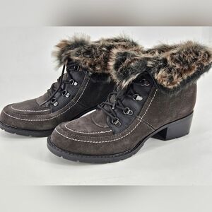 NEW Sporto HOLLY Women's Boots Sz 7.5M Leather & Faux Fur GRAY Lace Up Heeled